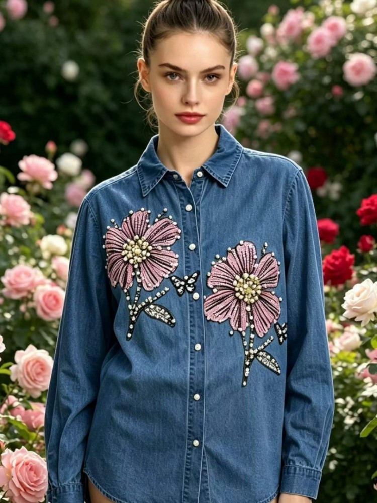 Blusas de Denim com Bordado pa - Embroidery Cotton Shirt avaliação e preço
